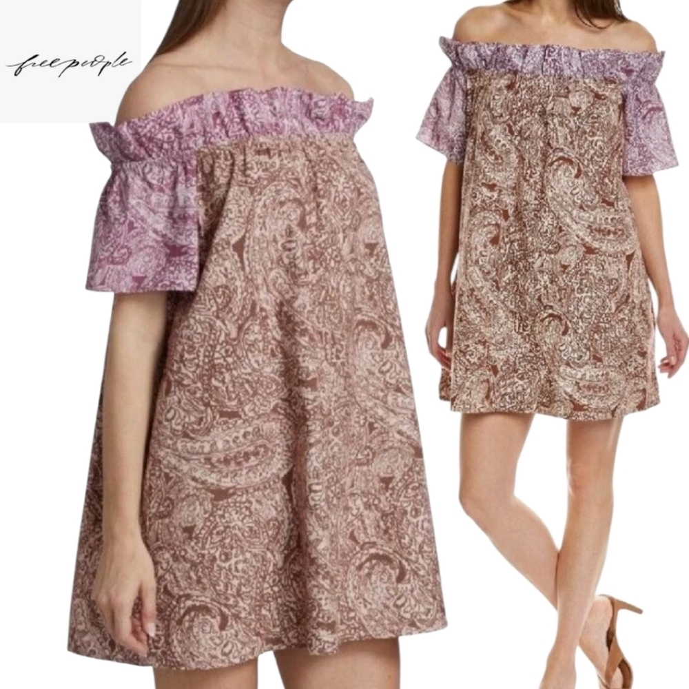 Free People Sophie Off The Shoulder Printed Mini Dress XS - Picture 2 of 6